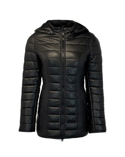 Leren dames jas  zwart met capuchon en bontkraag-Arizona