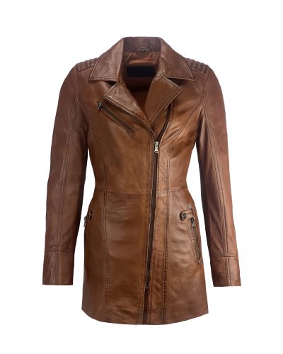 Leren cognac half lang dames jas sofi