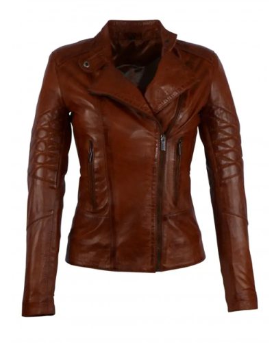 Cognac dames bikerjack - 100% echt leer-Marca