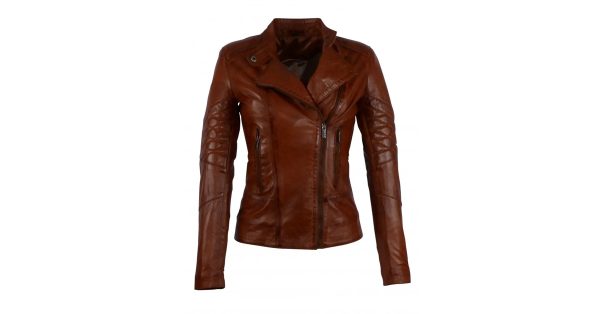 Cognac dames bikerjack - 100% echt leer-Marca