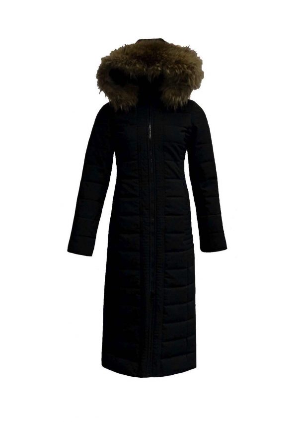 Lange gewatteerde winterjas voor dames met bontkraag  zwart-Moskow bestellen