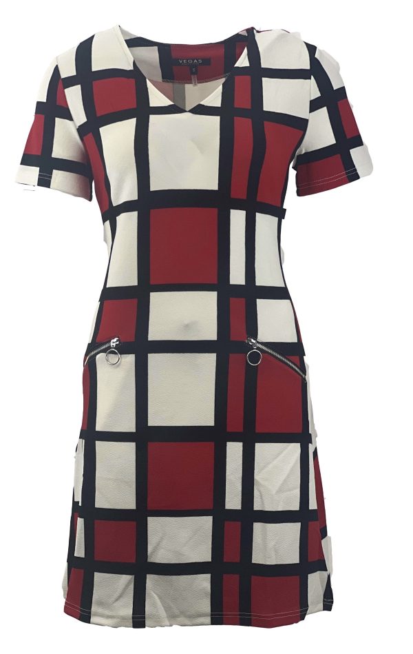 Rood/wit/zwart winter jurk met blokjes print -Leona bestellen - BK Leder