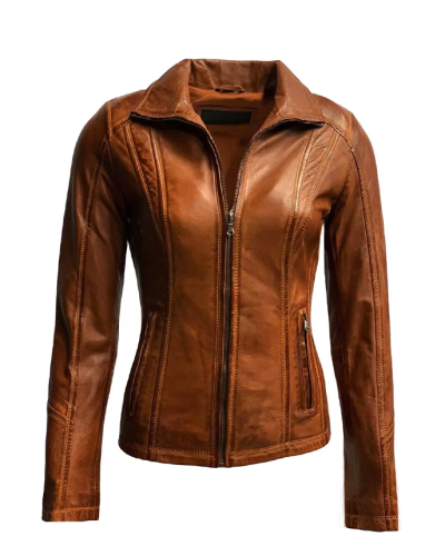Dames leren jas cognac met recht rits -Slimatta