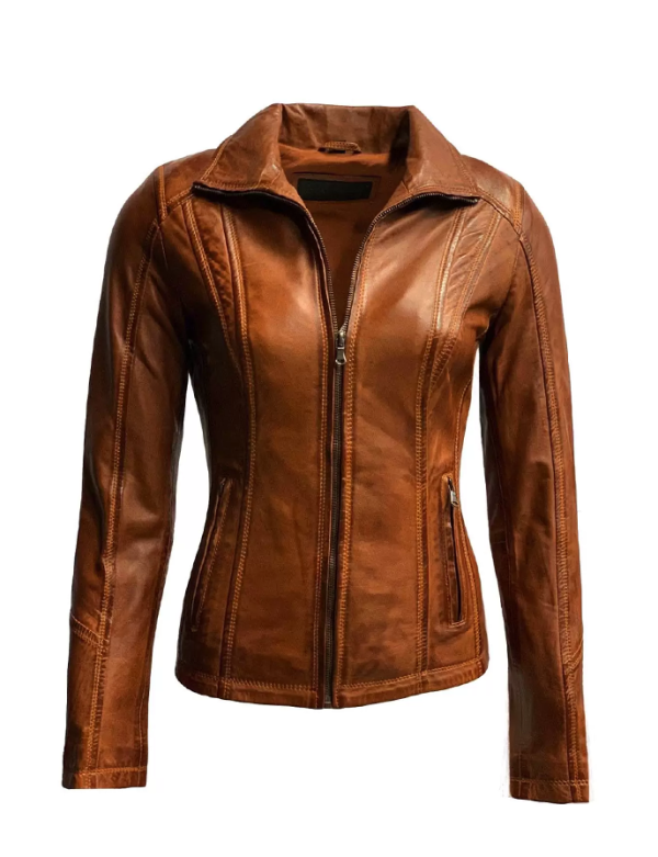 Dames leren jas cognac met recht rits -Slimatta