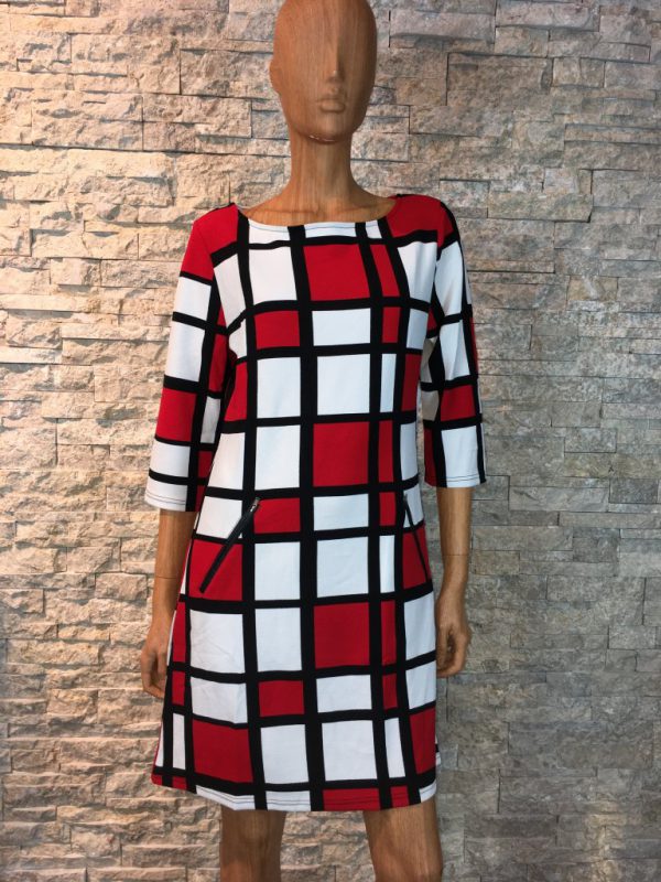Rood/wit/zwart winter jurk met blokjes print -Leona bestellen - BK Leder