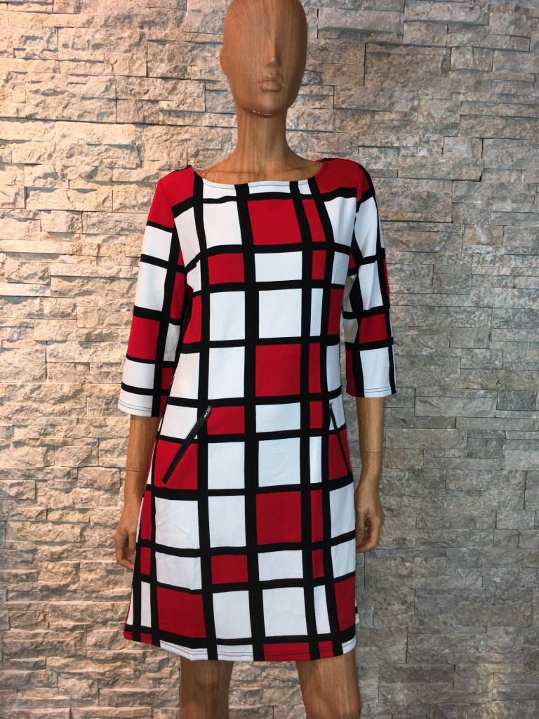 Verhogen Nu droom Rood/wit/zwart winter jurk met blokjes print -Leona – BK Leder