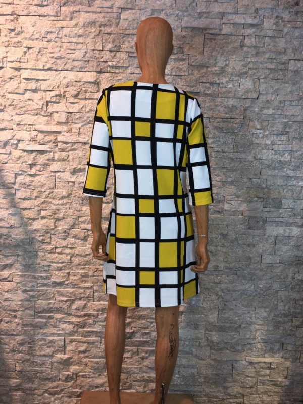 Geel/wit/zwart winter jurk met blokjes print -Leona bestellen - BK Leder