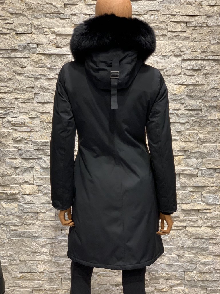 Zwart gewatteerde winterjas met bontkraag-Lola Leder