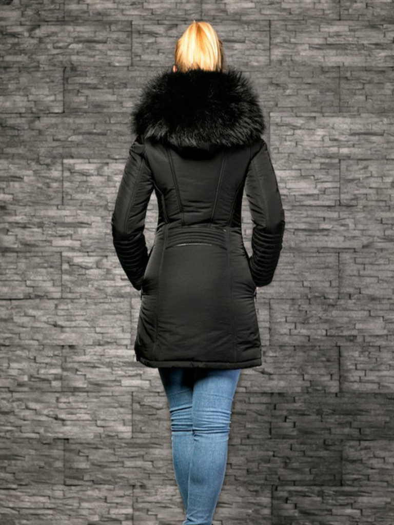 Aanvankelijk Consulaat inhoud Zwarte halflange dames jas met leren details en bont kraag – BK Leder