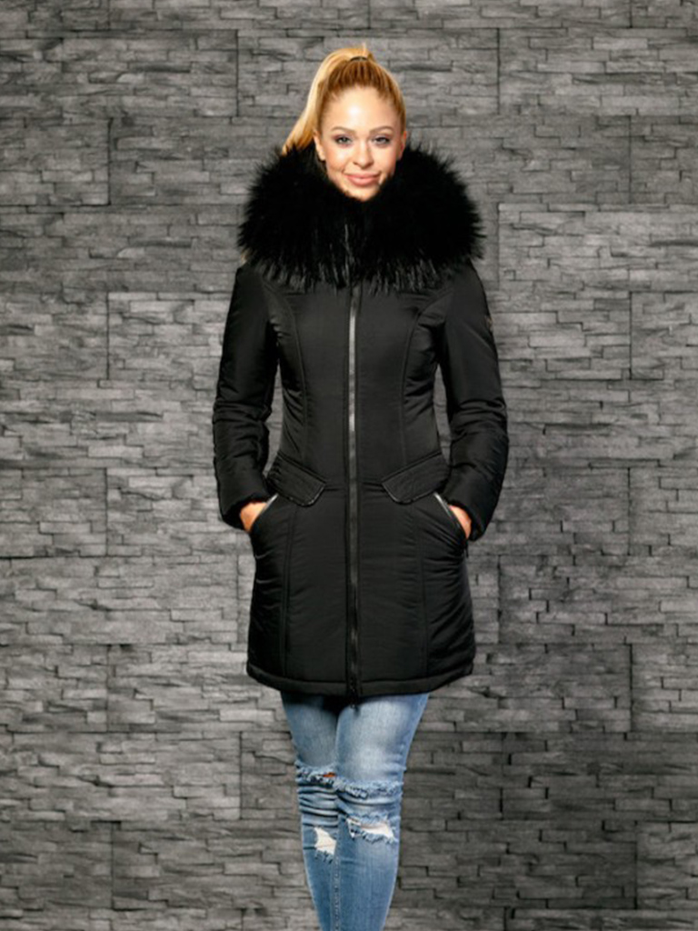 Ventileren plus rijk Zwarte halflange dames jas met leren details en bont kraag – BK Leder