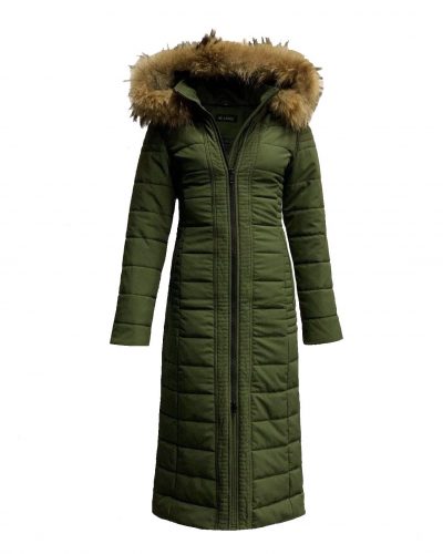 Lange dames winterjas groen met afneembaar  bontkraag-Moskow bestellen