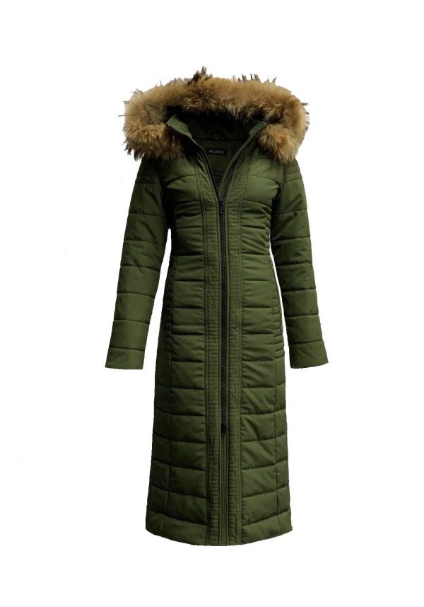 Lange dames winterjas groen met afneembaar  bontkraag-Moskow bestellen