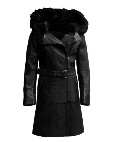 Dames lange leren jas met zwarte bontkraag -Kitana bestellen