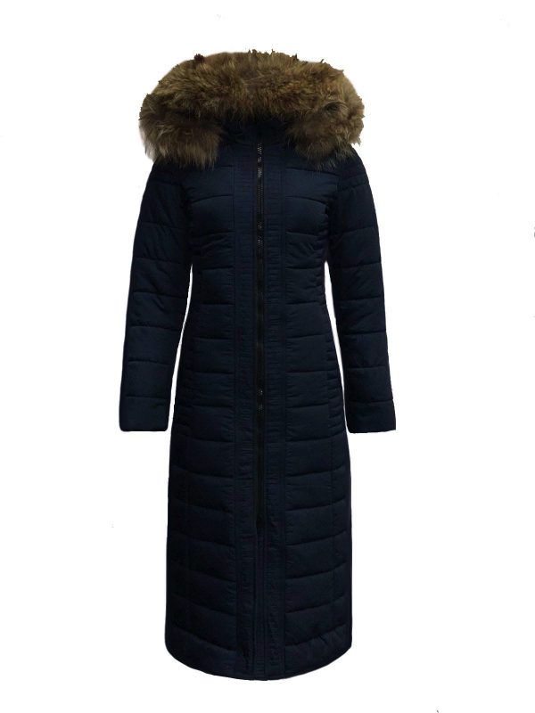 Lange dames winterjas met bontkraag blauw- Moskow bestellen - BK Leder