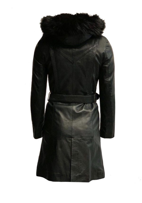 Dames lange leren jas met zwarte bontkraag -Kitana bestellen - BK Leder