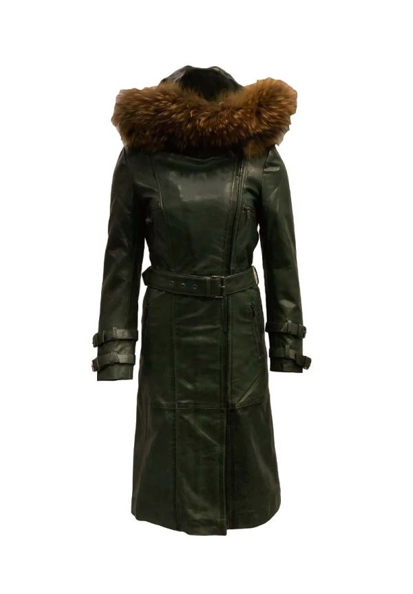 PARKA LEREN DAMES JAS GROEN MET AFNEEMBAAR BONTKRRAG EN CAPUCHON –Mantella