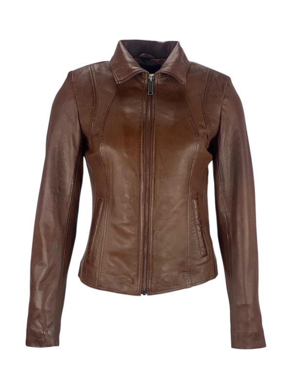 Cognac dames korte leren jas-Vactoria - Afbeelding 3