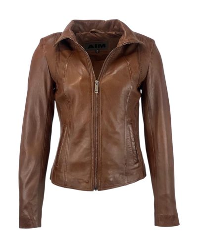 Cognac dames korte leren jas-Vactoria
