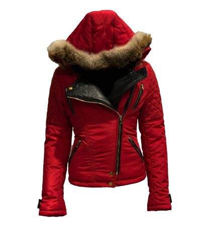 Dames kort jas biker  rood met bontkraag-Looise bestellen