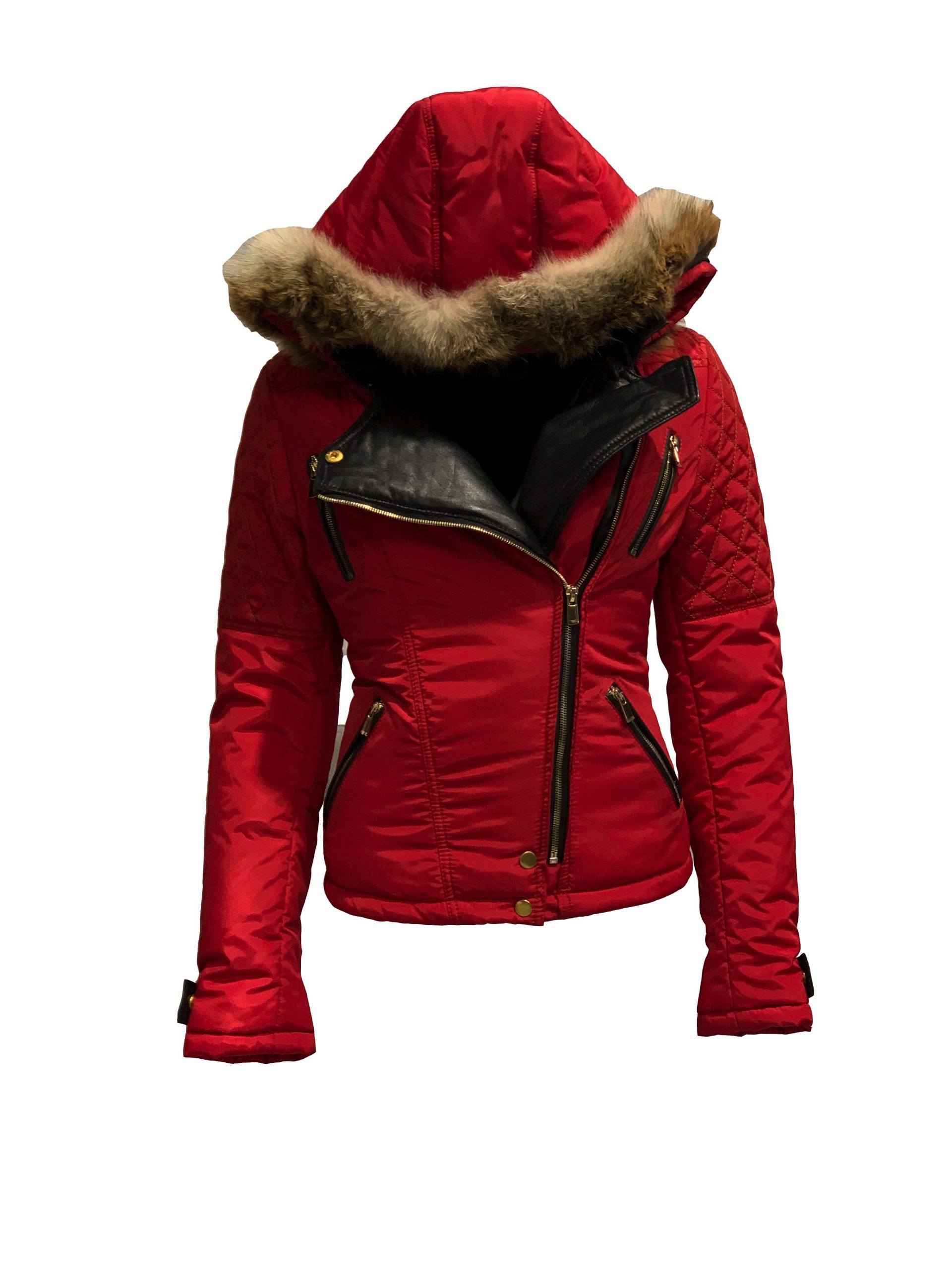 Dames kort jas biker  rood met bontkraag-Looise