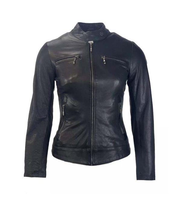 Biker leren jas dames zwart met hoge kraag 100% echt leder-damata