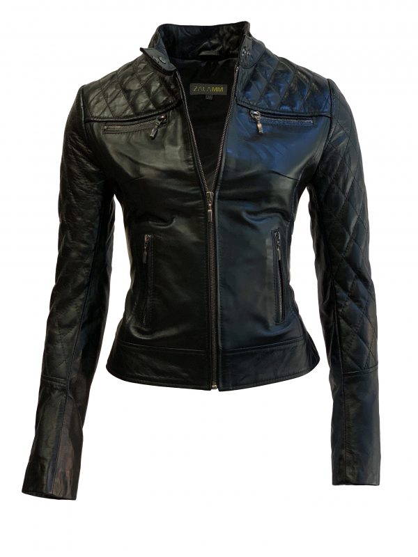 Biker leren jas dames zwart met hoge kraag 100% echt leder-damata bestellen - BK Leder
