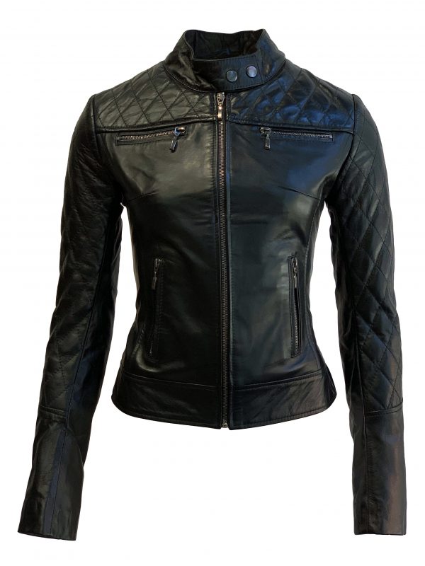 Biker leren jas dames zwart met hoge kraag 100% echt leder-damata bestellen - BK Leder