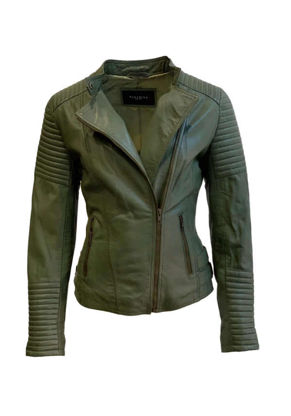 Groen leren jas dames biker-barcelona