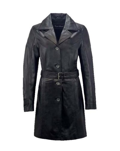 Lange leren jas met tailleriem cognac-Trenchcoat