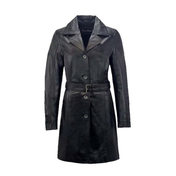 Lange leren jas met tailleriem cognac-Trenchcoat