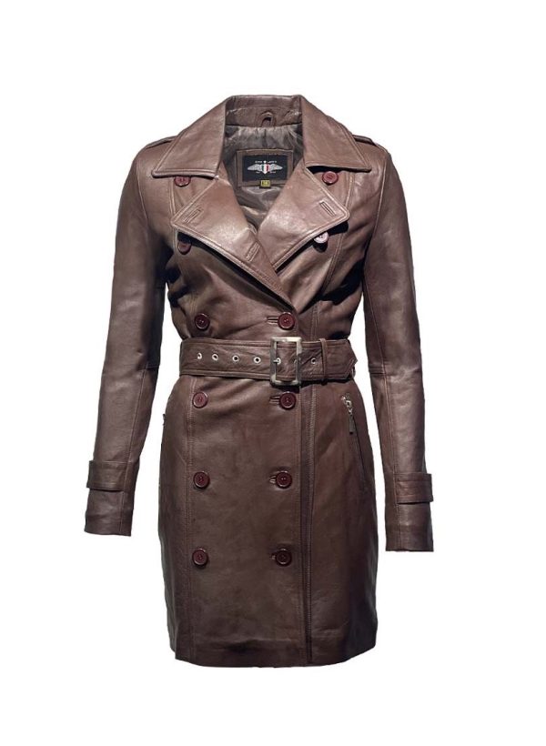 Trenchcoat van lamsleer met met dubbele rij knopen bruin-amsterdam