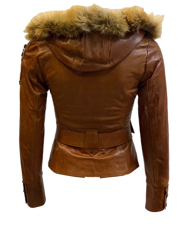 Leren jas dames cognac met afneembaar capuchon en bontkraag-salavista bestellen - BK Leder