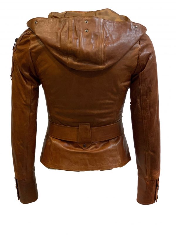 Leren jas dames cognac met afneembaar capuchon en bontkraag-salavista bestellen - BK Leder