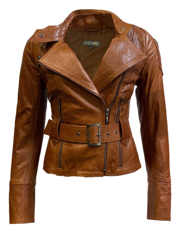 Leren jas dames cognac met afneembaar capuchon en bontkraag-salavista bestellen - BK Leder