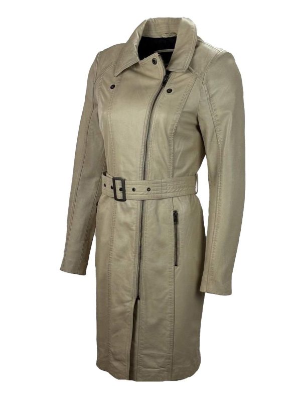 Beige Lange leren dames jas met riem- Lavish - Afbeelding 2