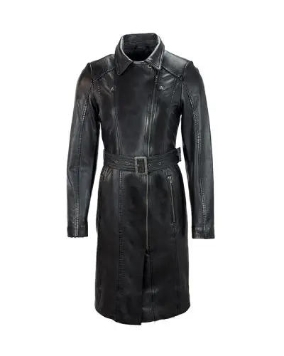 Lange leren dames jas met riem zwart-Lavish - bestel bij BK Leder Lange leren dames jas met riem zwart-Lavish