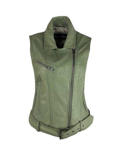 Dames echte leren korte groene gilet - Bikera