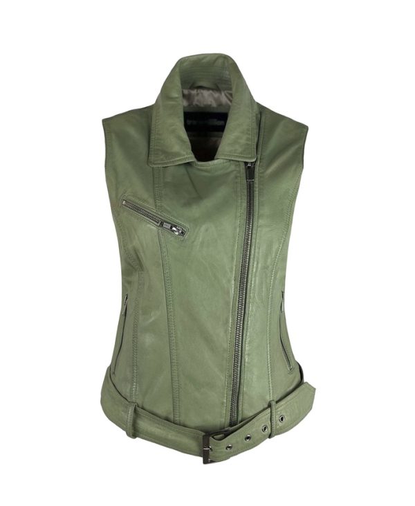 Dames echte leren korte groene gilet - Bikera