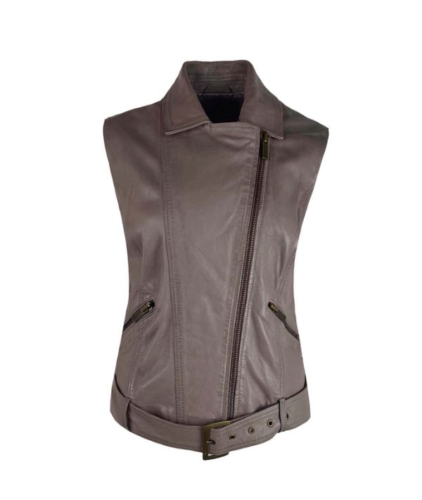 Dames echte leren korte mauve gilet - Bikera