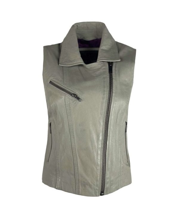 Dames echte leren korte taupe gilet – Bikerina