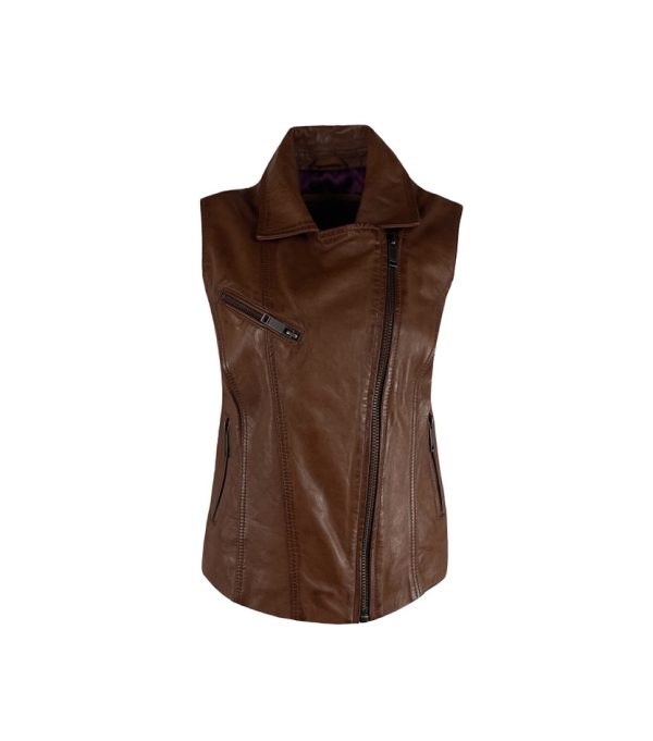 Dames echte leren cognac gilet - Bikerina