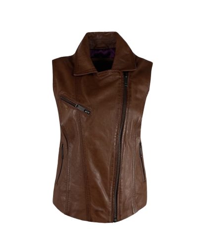 Dames echte leren cognac gilet - Bikera