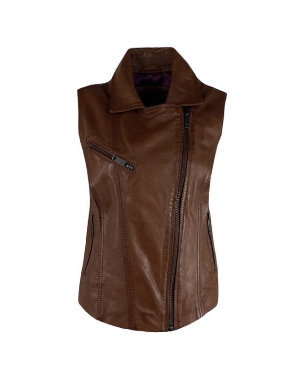 Dames echte leren cognac gilet - Bikera