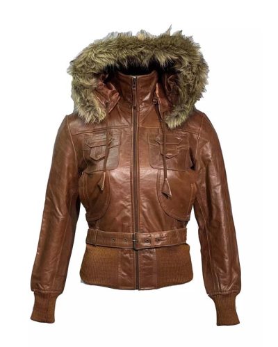 Dames bruin korte bomber leren jas met capuchon -Tailor