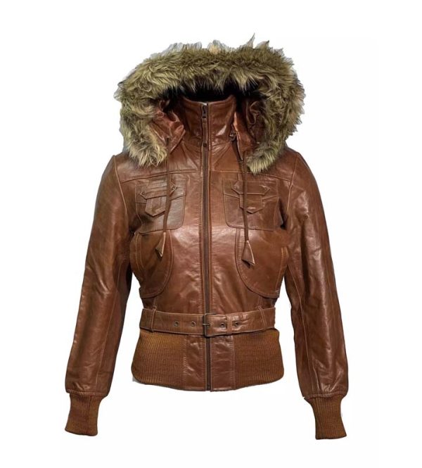Dames bruin korte bomber leren jas met capuchon -Tailor