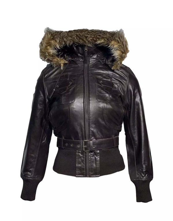 Leren bruin dames jas kort met afneembaar capuchon -tailor