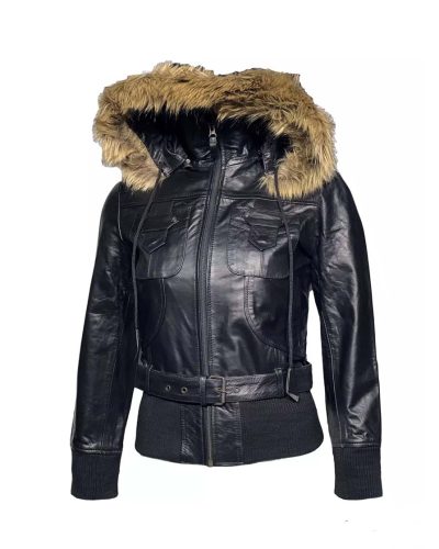 Leren zwart dames jas kort met afneembaar capuchon -tailor