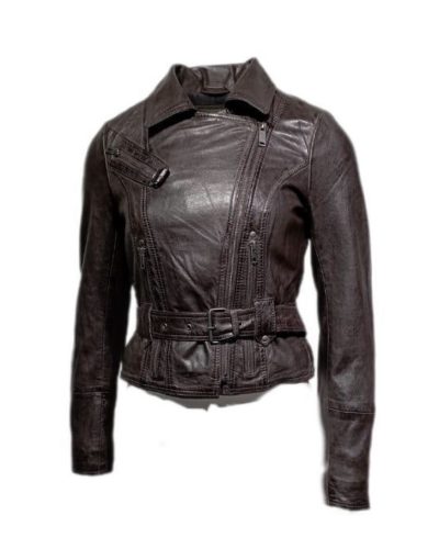 Leren jas dames kort met riem-Tarifa - Bruin