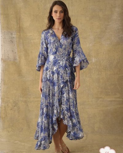 Lange blauwe omslag jurk -Yesenie bestellen - BK Leder