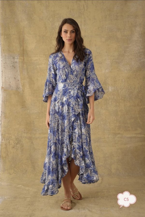 Lange blauwe omslag jurk -Yesenie bestellen - BK Leder